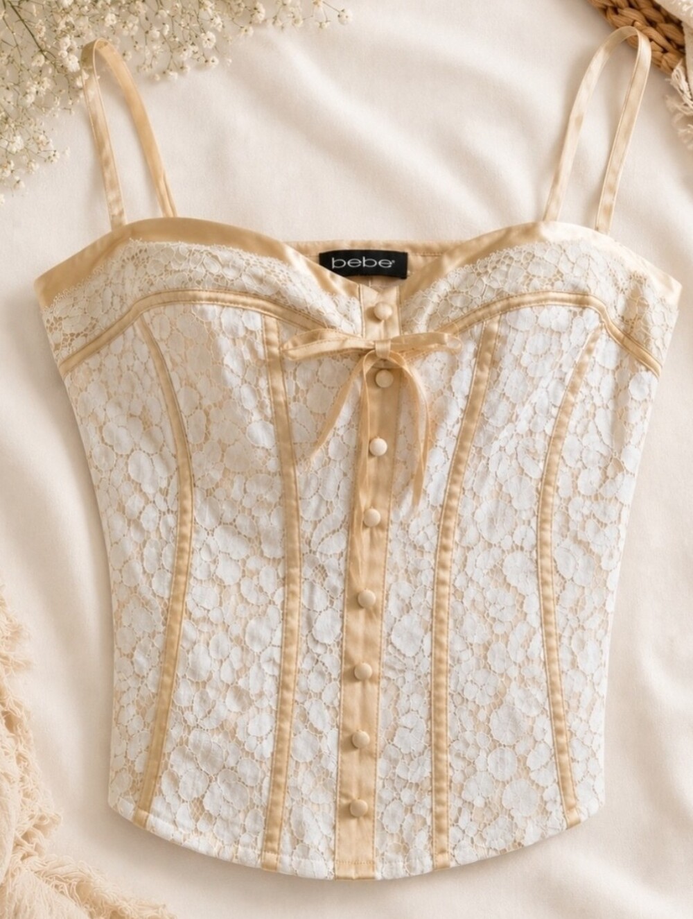 bebe Vintage Y2K Lace Bustier Corset Top NWT XS Cream Satin & Lace Camisole - Picture 2 of 7
